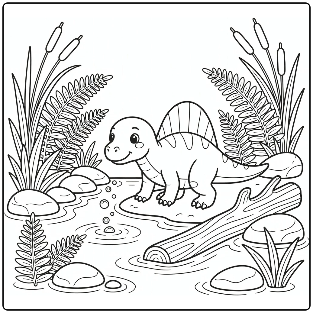 Spinosaurus coloring page dinosaur crouching by river pool