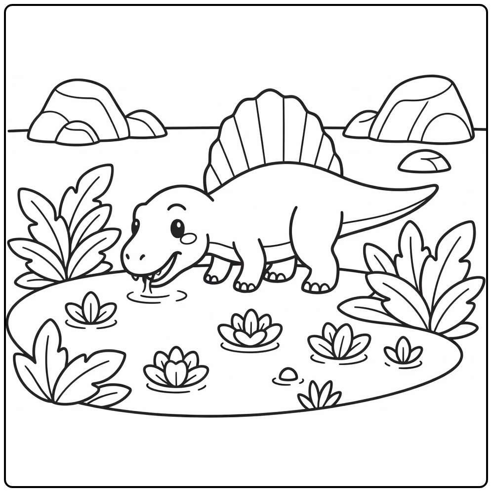 Spinosaurus coloring page with dinosaur drinking from lagoon