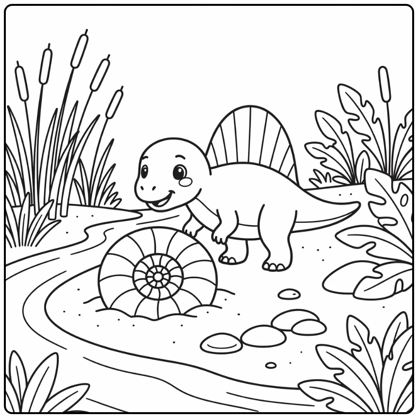 Spinosaurus coloring page with dinosaur and ammonite fossil