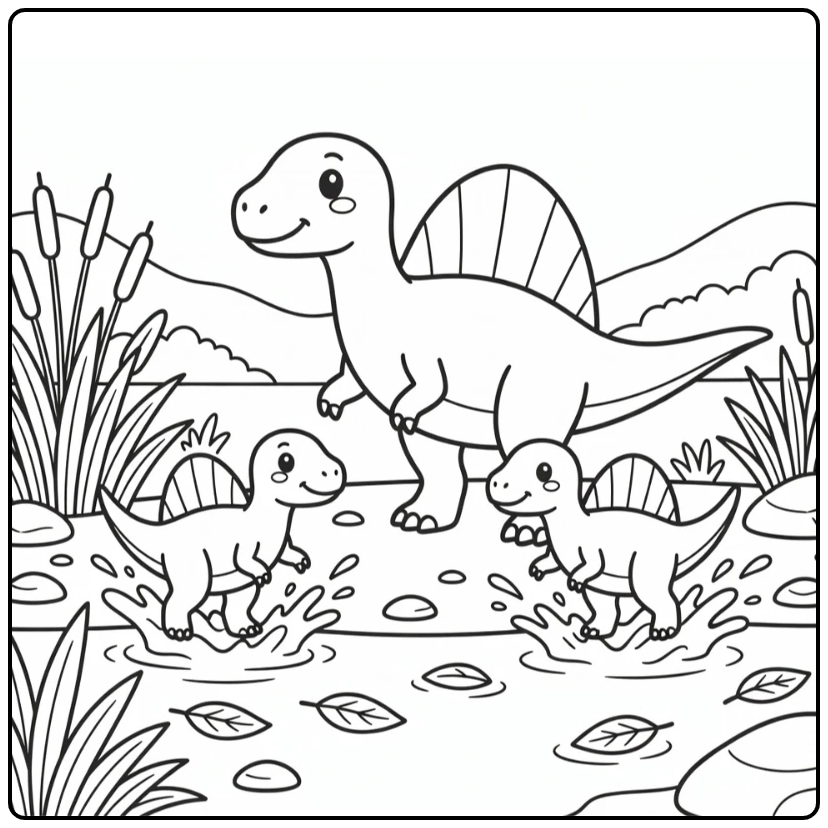 Spinosaurus coloring page with three dinosaurs at delta