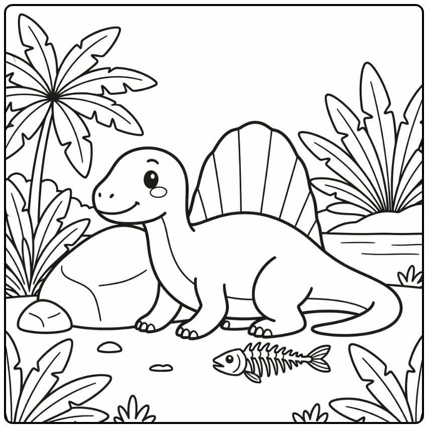 Spinosaurus coloring page with dinosaur by boulder
