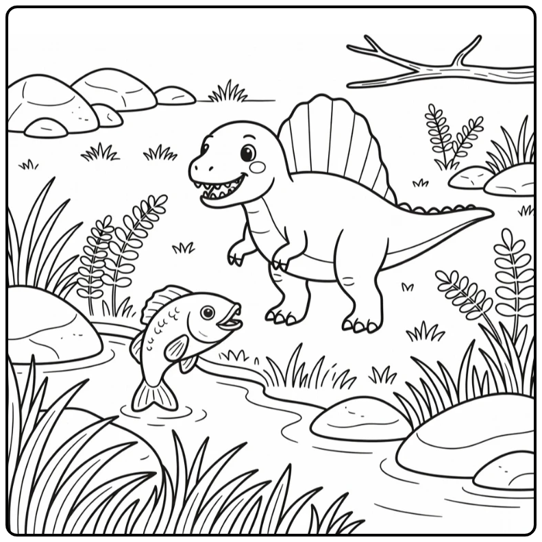 spinosaurus coloring page of Spinosaurus facing leaping fish