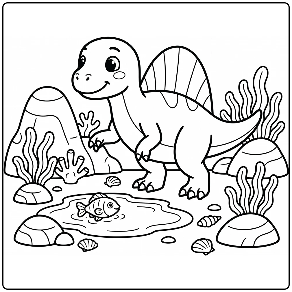 spinosaurus coloring page dinosaur reaching for fish in tide pool