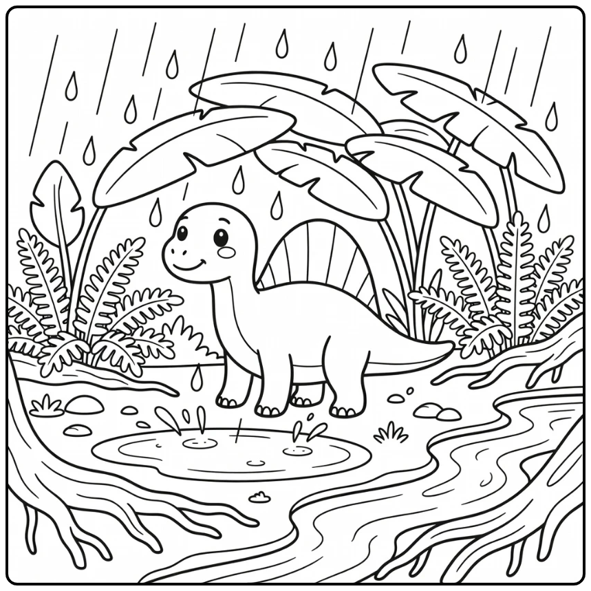 Spinosaurus coloring page dinosaur sheltering under leaves in rain