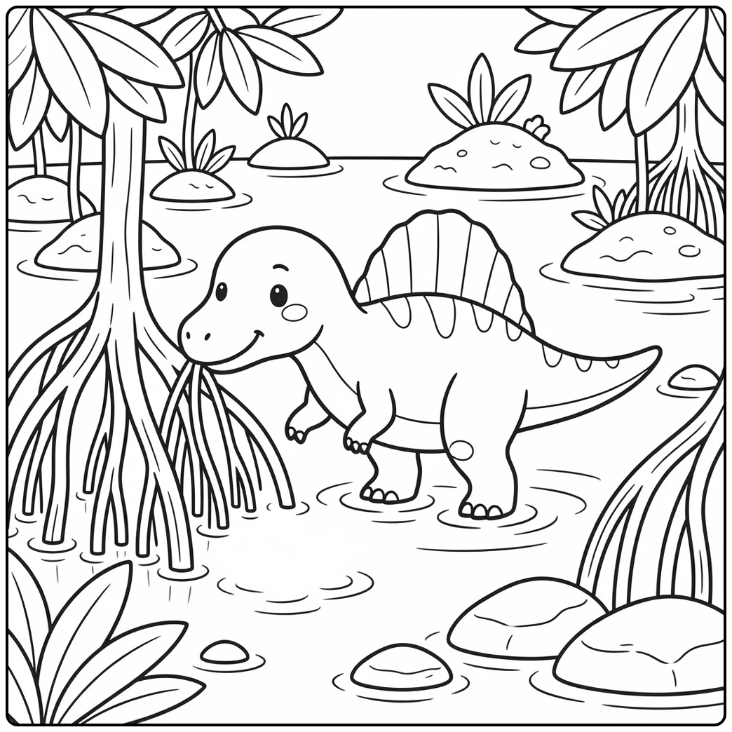 Spinosaurus coloring page in mangrove swamp scene