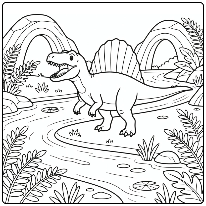 Spinosaurus coloring page roaring by wide river bend