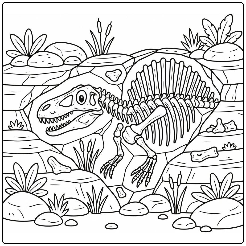 Spinosaurus dinosaur fossil coloring page in rock wall