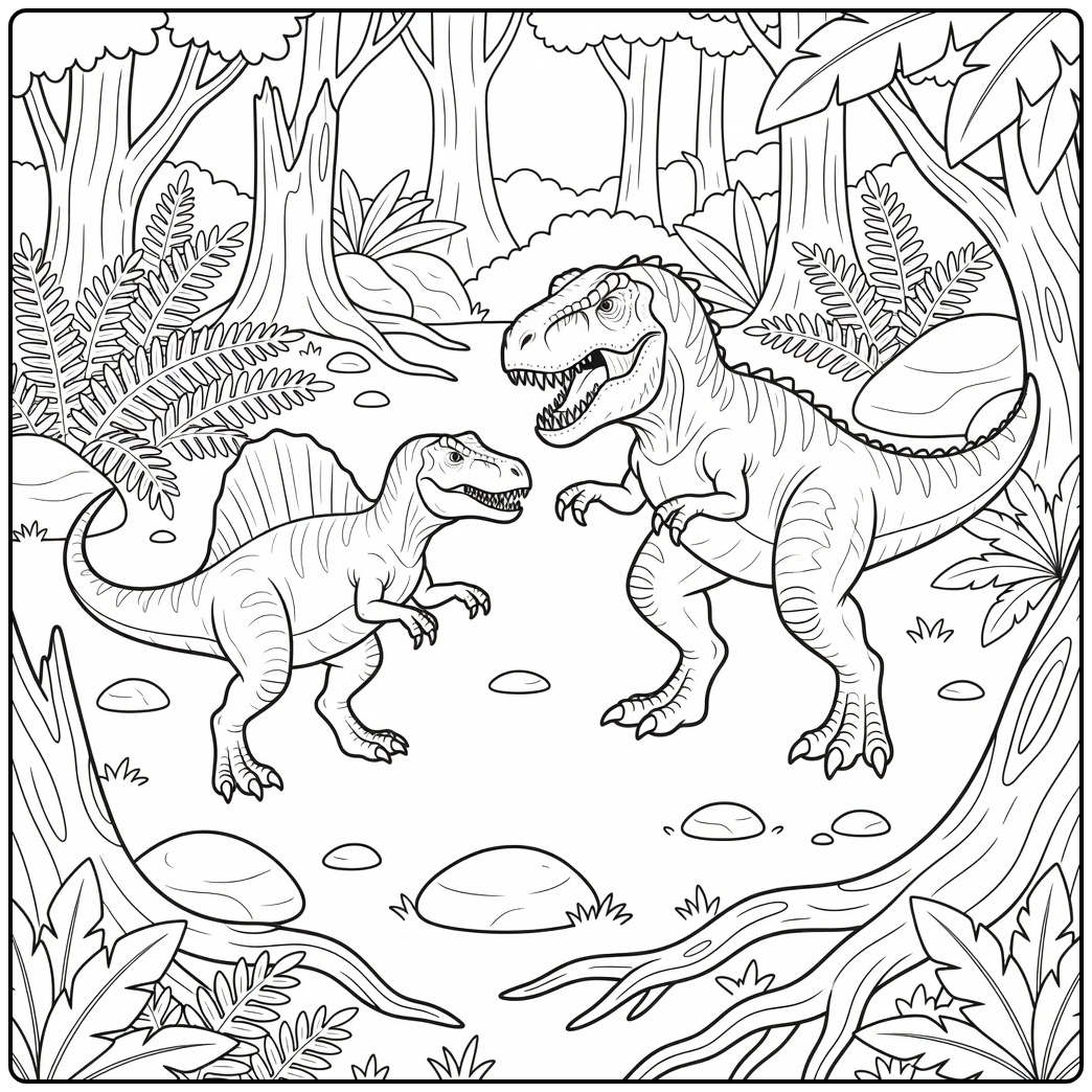spinosaurus vs indominus rex coloring page forest battle