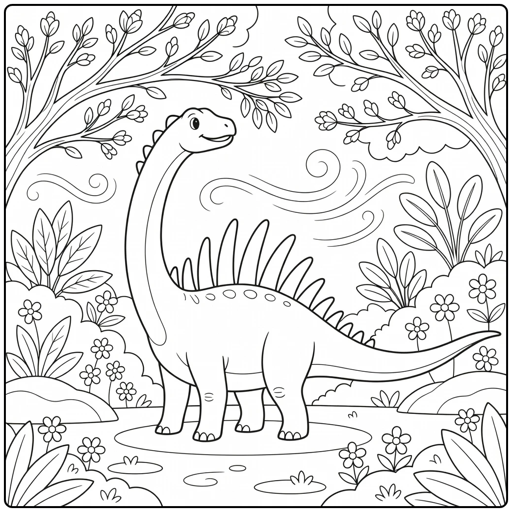 spring dinosaur coloring page Amargasaurus reaching for buds