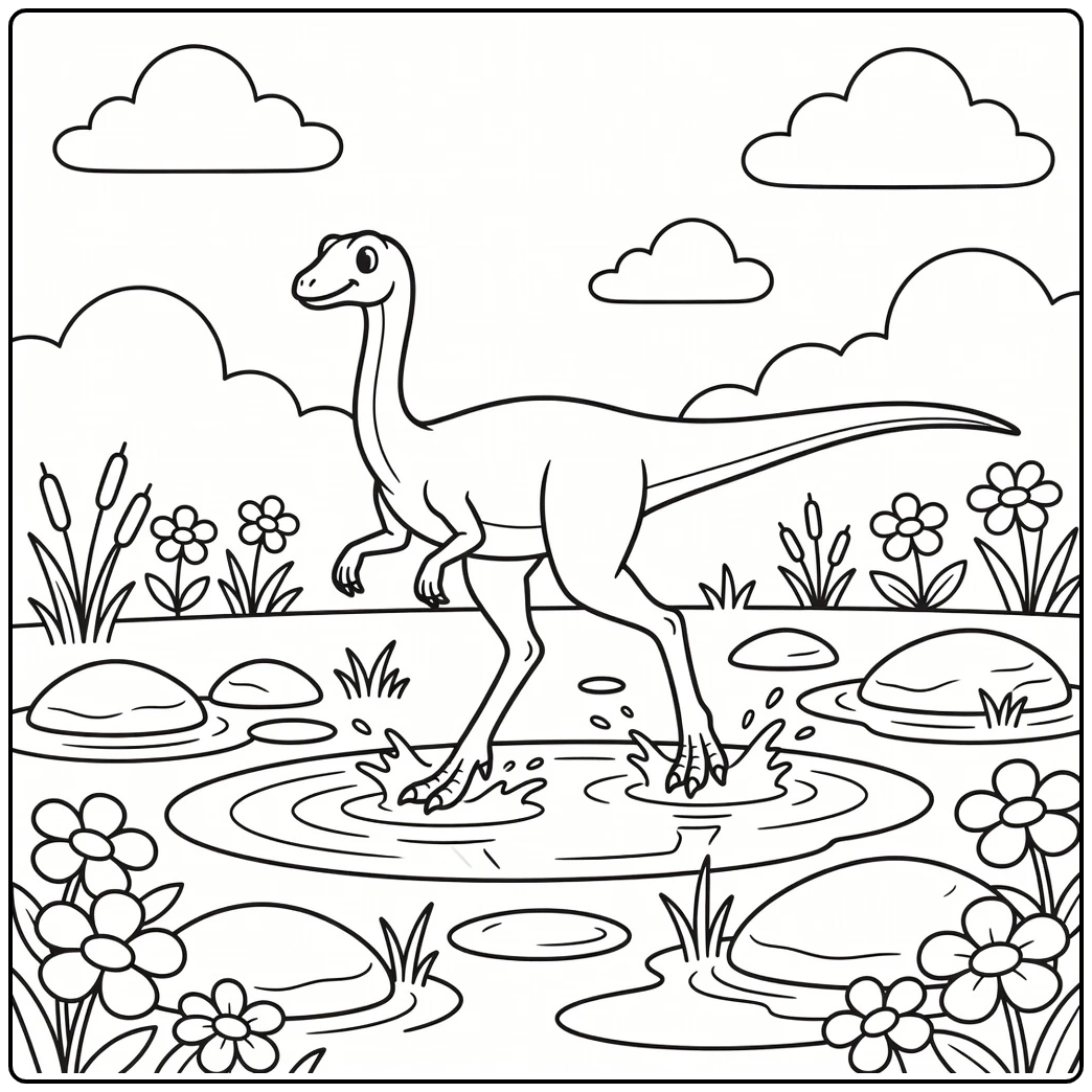 Spring dinosaur coloring page with Gallimimus in spring puddles scene