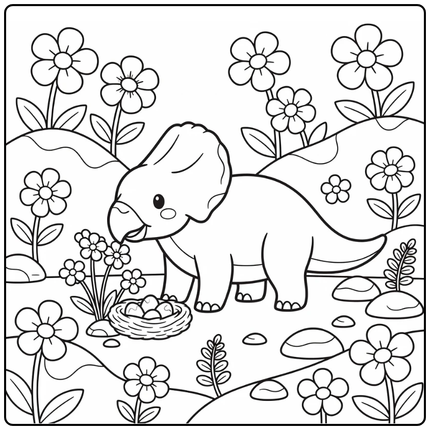 Spring dinosaur coloring page of Protoceratops and blossoms