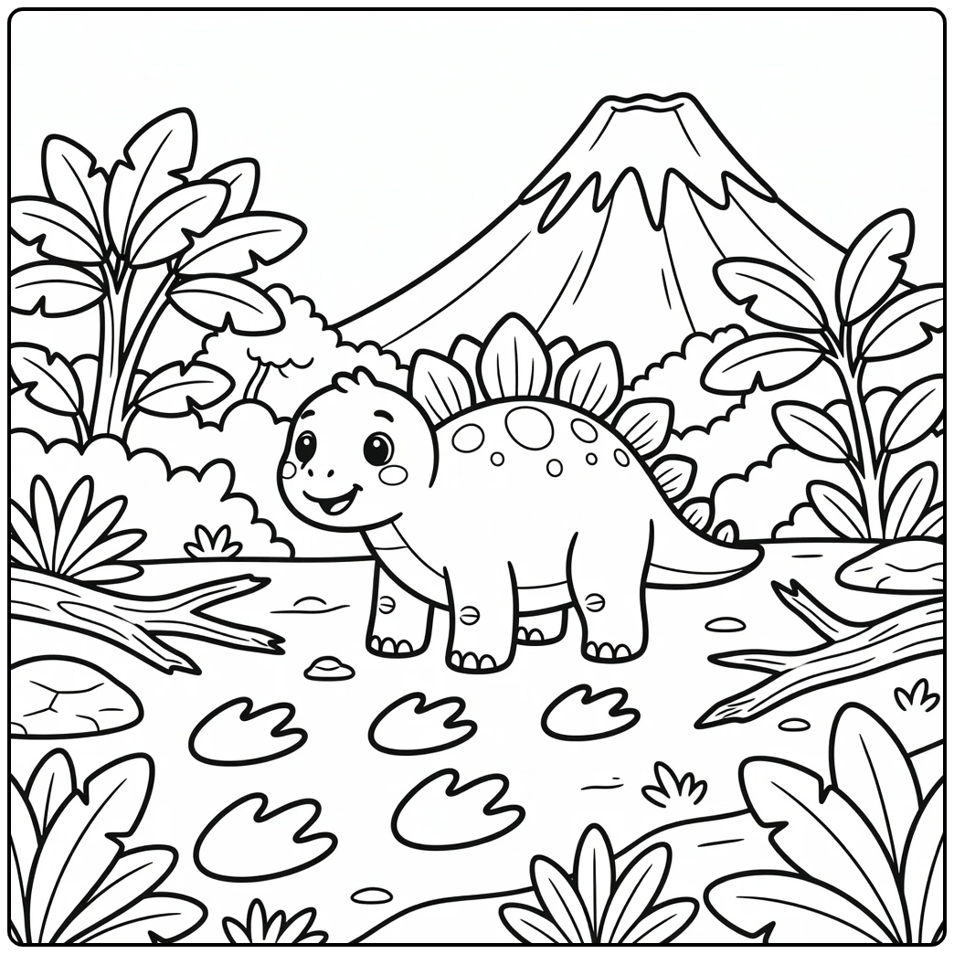 stegosaurus coloring page with dinosaur footprints and volcano