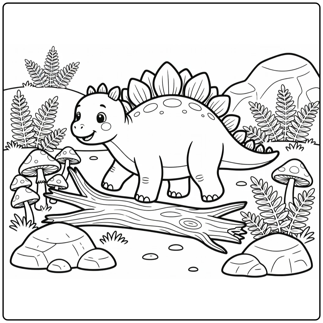 Stegosaurus coloring page with dinosaur over log and ferns