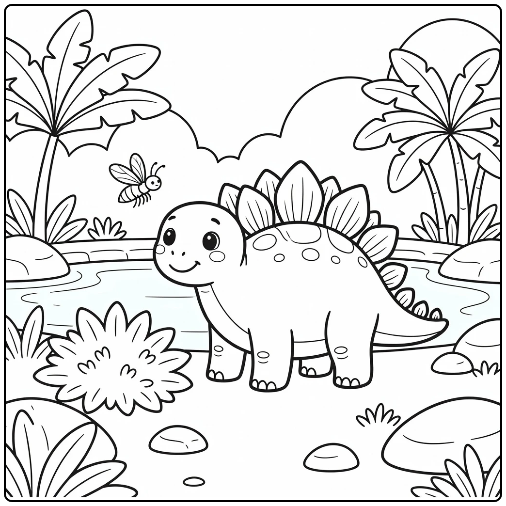 stegosaurus coloring page with insect above bush and pond