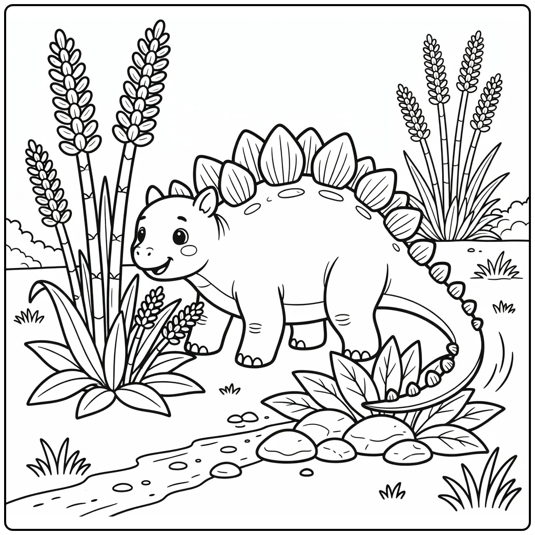 Stegosaurus coloring page with tail sweeping stones