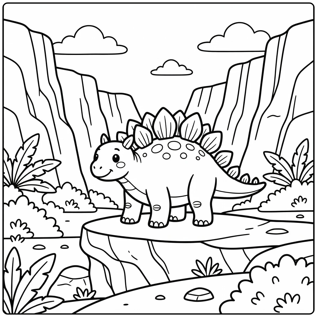stegosaurus coloring page dinosaur on rock ledge in canyon
