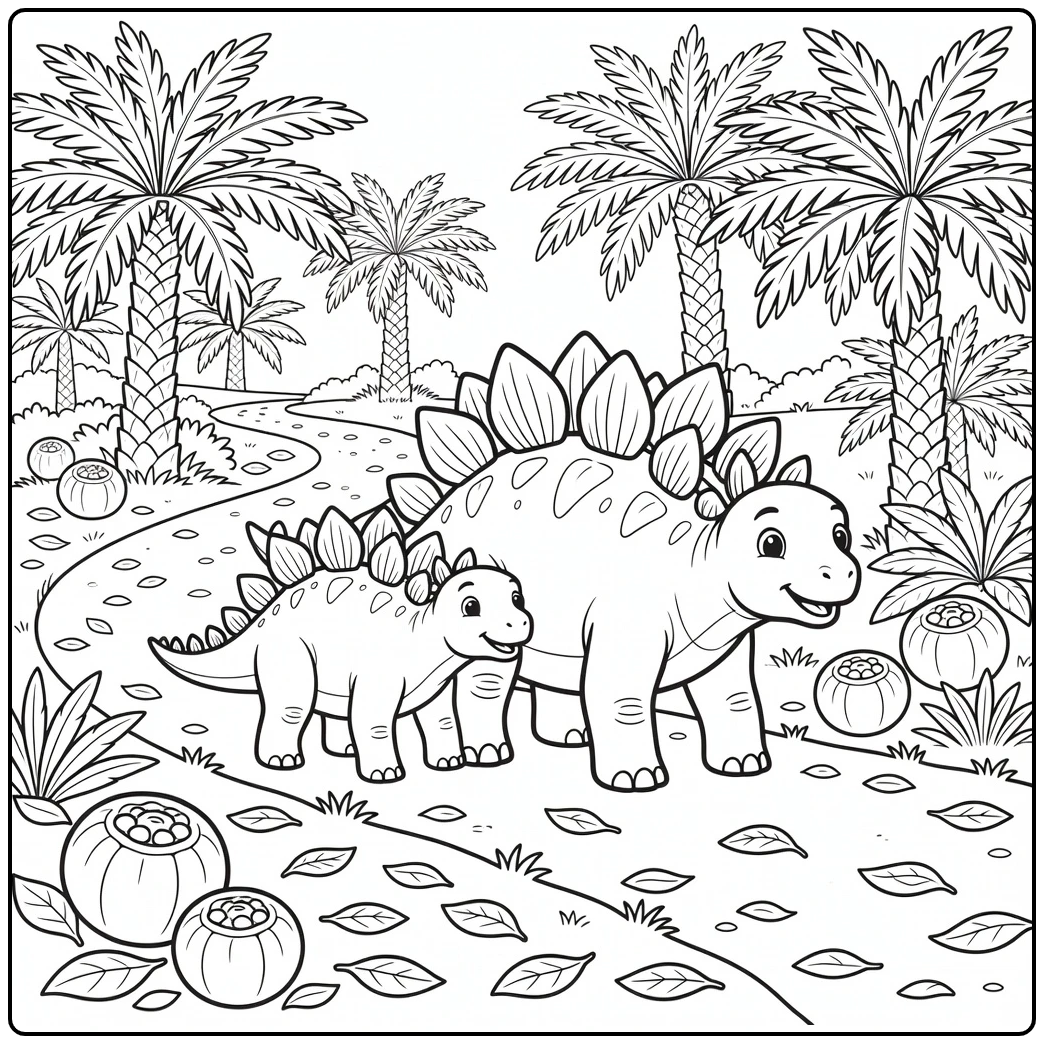 Stegosaurus coloring page with young and adult on forest path
