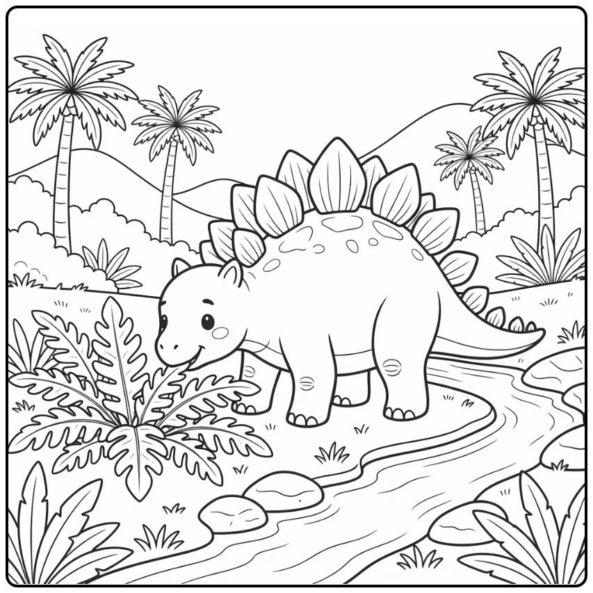 Stegosaurus coloring page with cute dino by stream and ferns