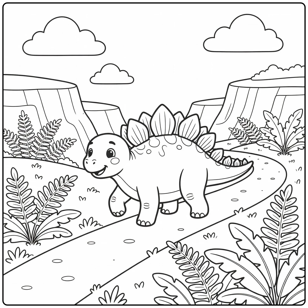 Stegosaurus coloring page cute dino climbing hill with ferns