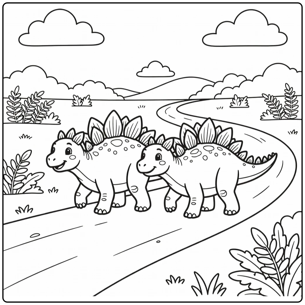 Stegosaurus coloring page with two dinosaurs in a valley
