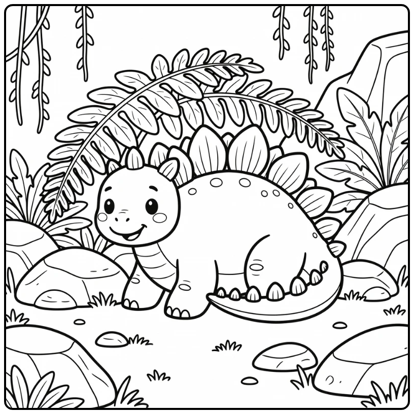 stegosaurus coloring page dino under giant leaves and vines