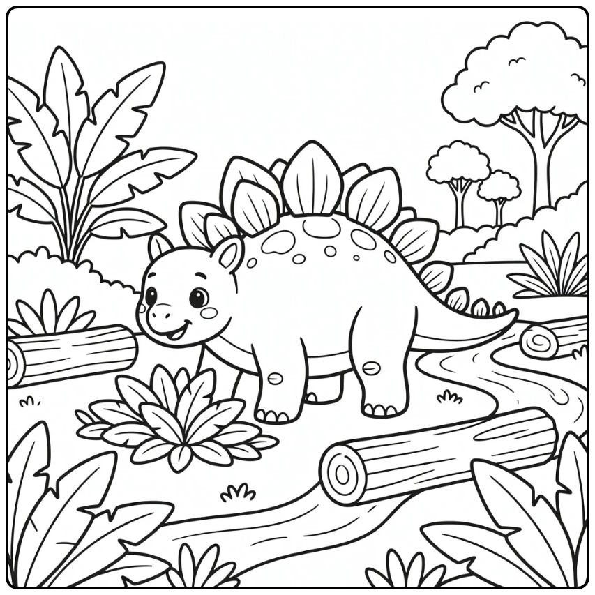 Stegosaurus coloring page with dinosaur by plants and stream