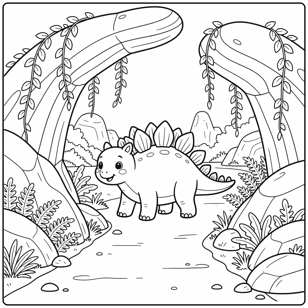 Cute stegosaurus coloring page walking through boulder gateway