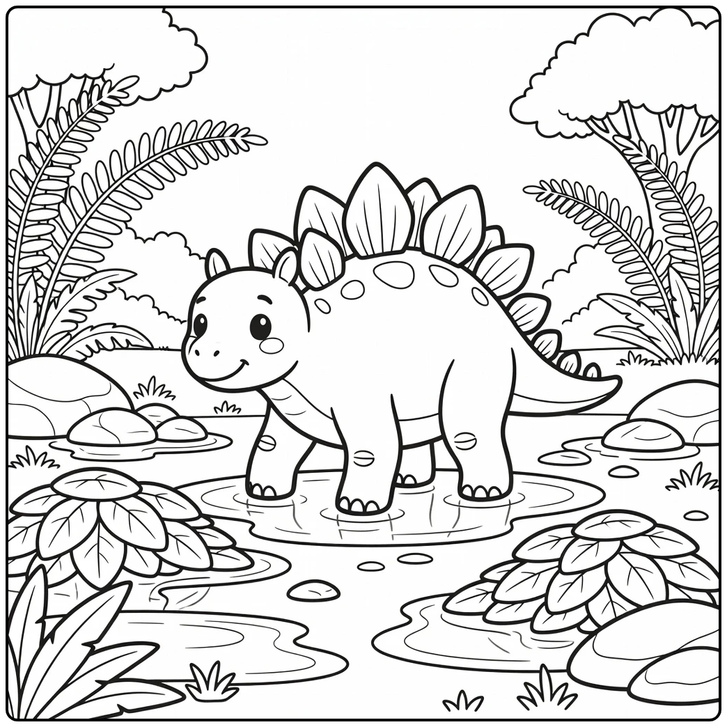 stegosaurus coloring page dinosaur stepping around puddles