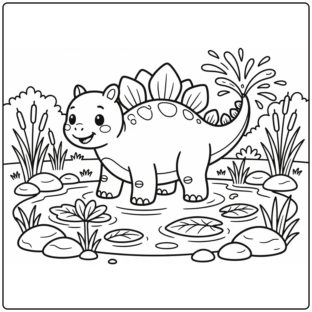 Stegosaurus coloring page dinosaur by pond with splashes