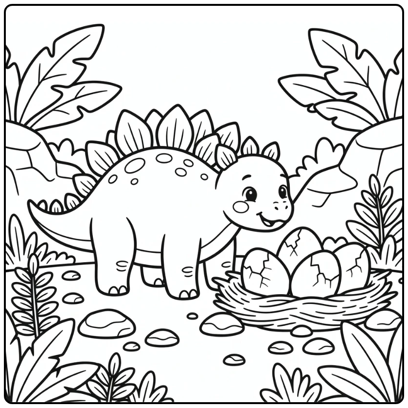 Stegosaurus coloring page with egg nest and leaves