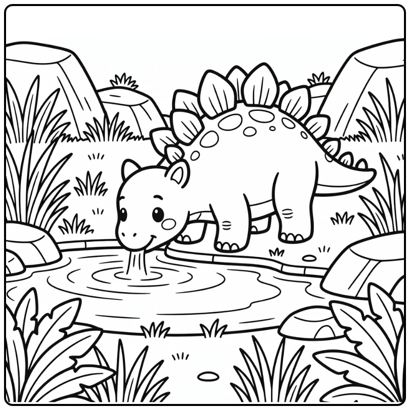 stegosaurus coloring page dinosaur drinking at watering hole