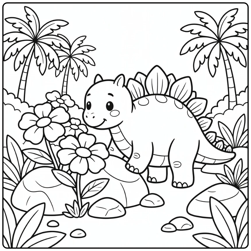 stegosaurus coloring page dinosaur sniffing flowers