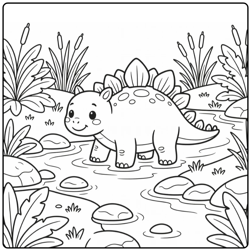 stegosaurus coloring page cute dino crossing shallow river