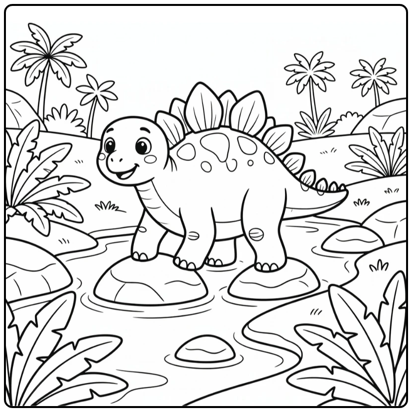 Curious Stegosaurus cartoon dinosaur coloring page by stream
