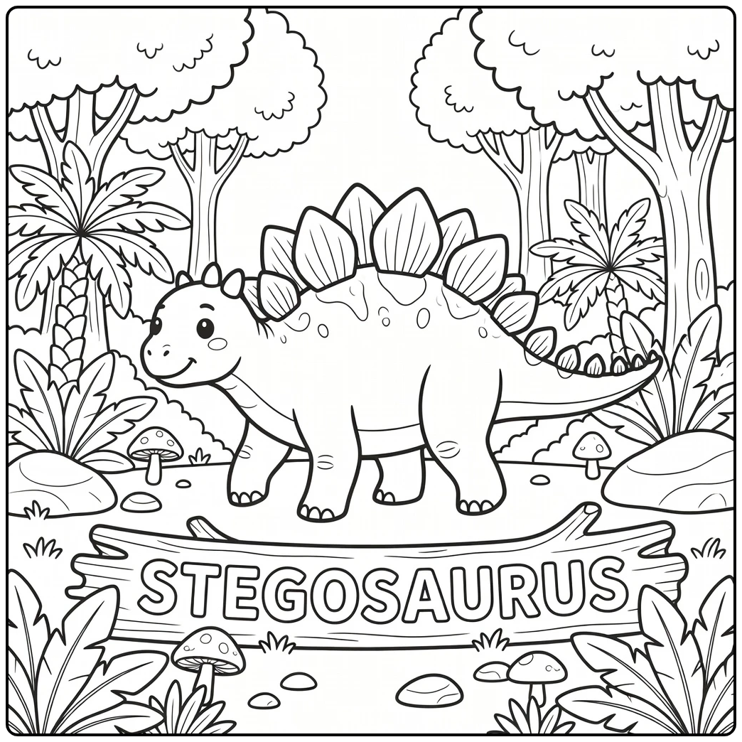 Stegosaurus dinosaur coloring page with names in forest clearing