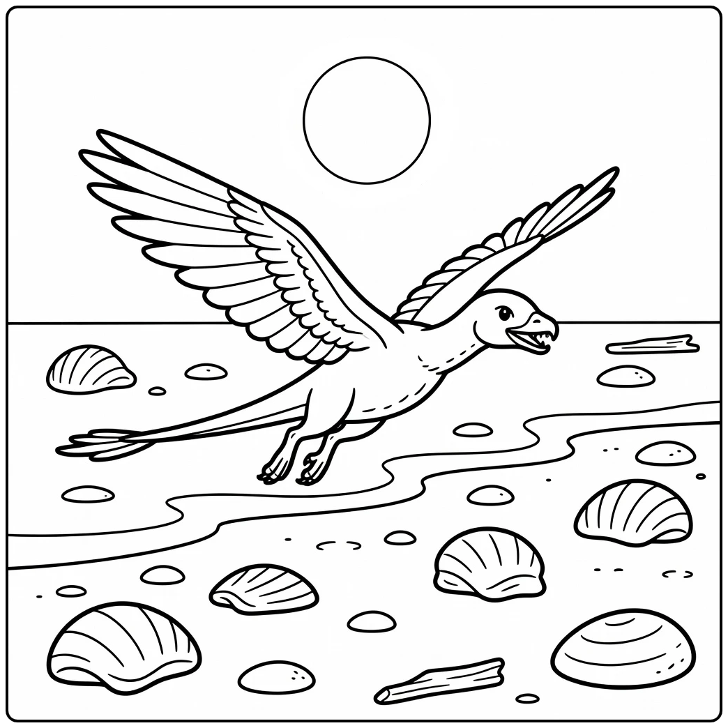 Summer dinosaur coloring page Archaeopteryx shoreline scene