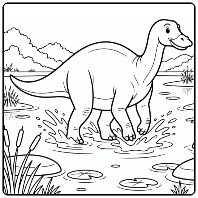 Summer dinosaur coloring page with Shantungosaurus in lake