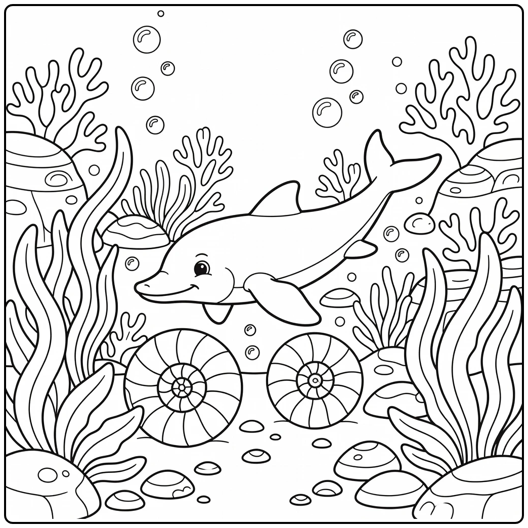 Swimming dinosaur coloring page of ichthyosaur and ammonite
