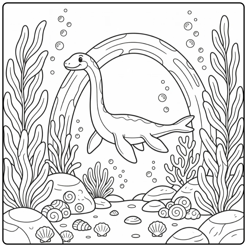 Swimming dinosaur coloring page of plesiosaur in kelp canyon