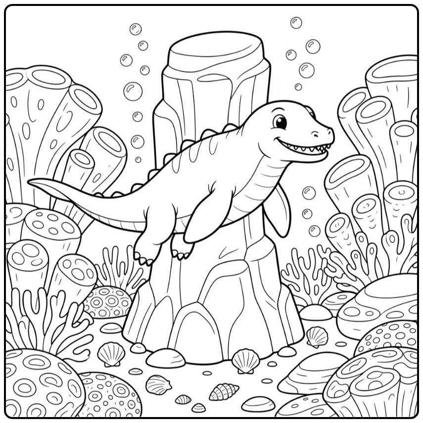 Swimming dinosaur coloring page of mosasaur around rock pillar