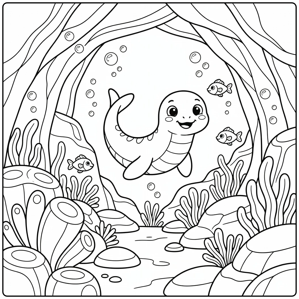 Mosasaurus cartoon dinosaur coloring page with fish and coral