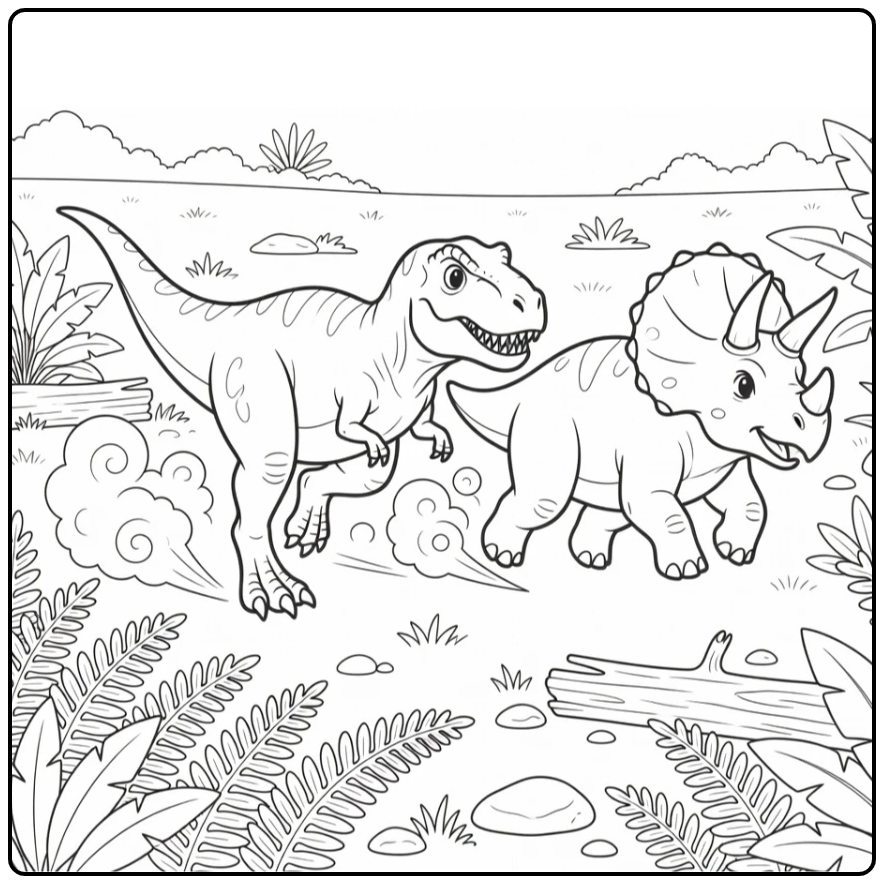 t rex and triceratops coloring page with running dinosaurs