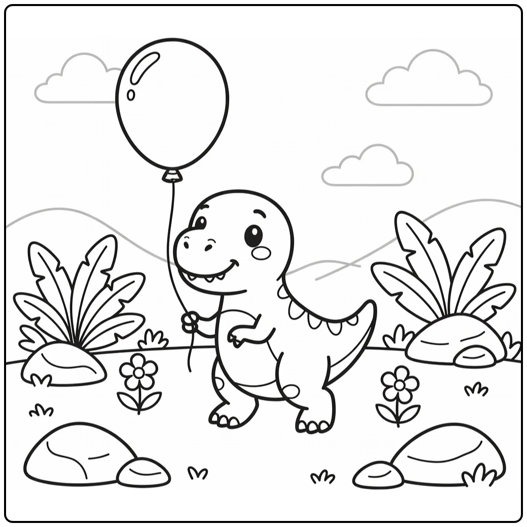 t rex coloring page for kids baby T-rex with balloon