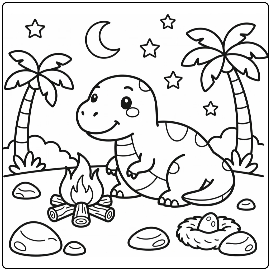 t rex coloring page for kids cozy campfire scene