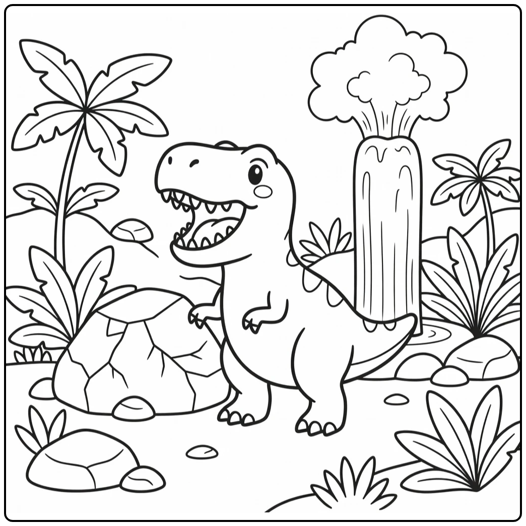 t rex dinosaur coloring page with roaring T-rex by geyser