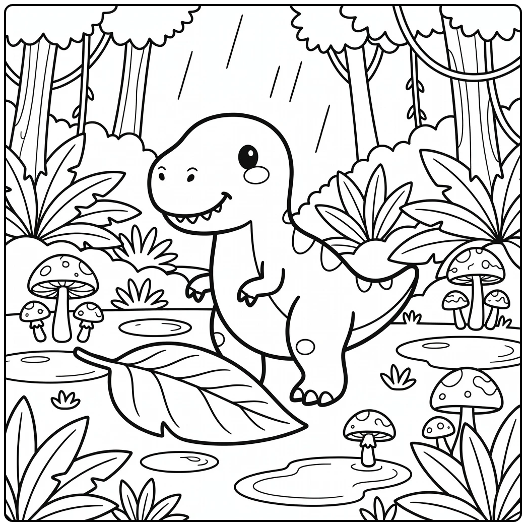 t rex dinosaur coloring page with T-rex by leaf and mushrooms