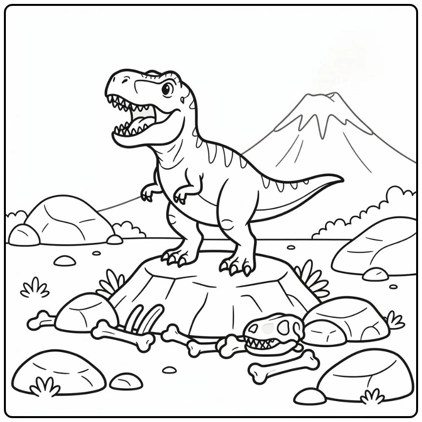 t rex dinosaur coloring page with roaring T-rex on rocky mound