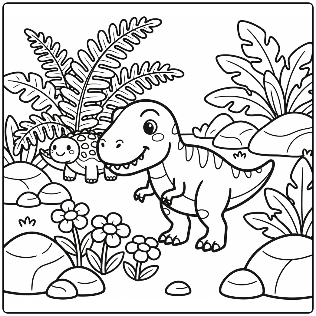 t rex dinosaur coloring page with Ankylosaurus near flowers