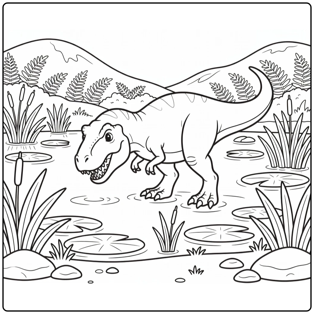 t rex dinosaur coloring page with T-rex drinking at lake