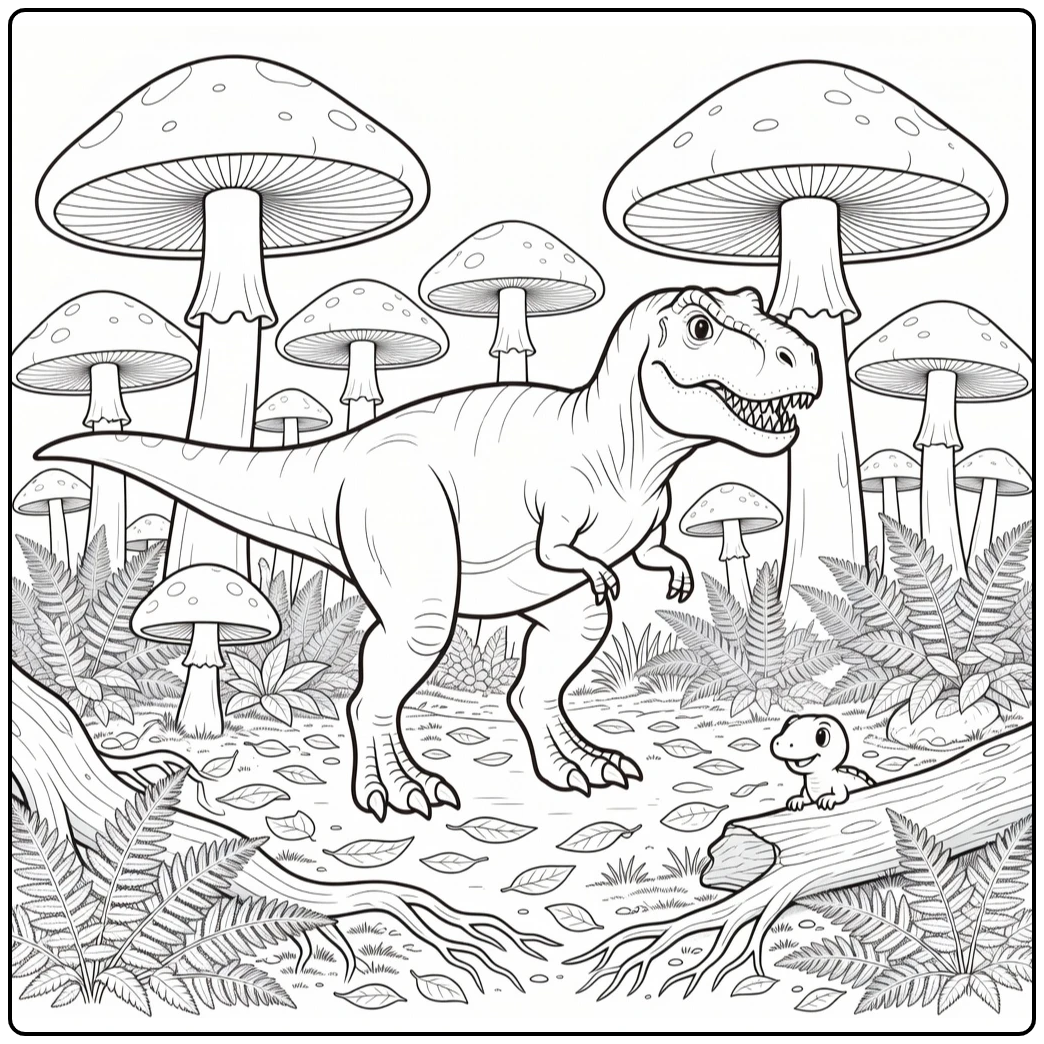 t rex dinosaur coloring page with T-Rex and ferns